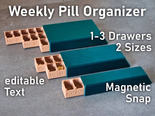 Magnetic Weekly Pill Organizer with Sliding Drawers – Customizable Text, Modular Design