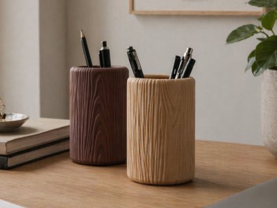 Wood Grain Pen Holder – Faux Wood Desk Organizer Vase