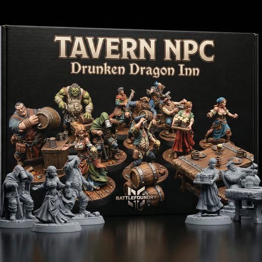 FREE TAVERN NPC Drunken Dragon Inn – 13 Fantasy Miniatures (32mm STL for Tabletop RPG)