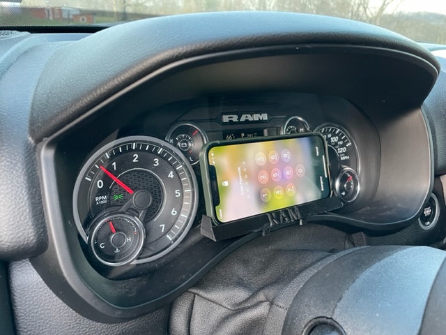 Phone Mount  Instrument Cluster Dash Universal Ram Truck & other Vehicles. iPhone 14 Pro fits w/case