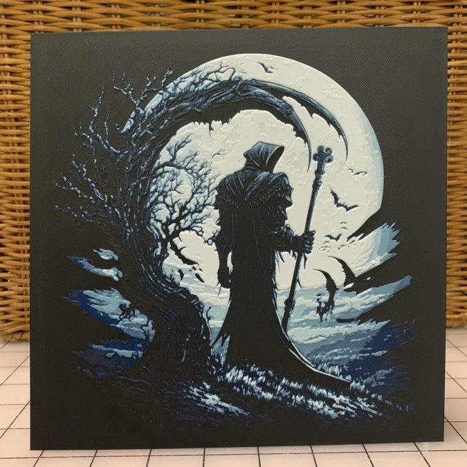 Reaper by a tree