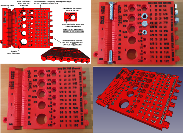 Inch Measuring Tool for Screws, Nuts, Bolt Heads, Wrenches (incl. Hex.), Threads (No metric tool)