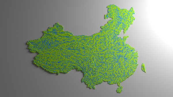 China Mainland/Hainan/Taiwan 3D Topo Relief Map with Streams and Lakes