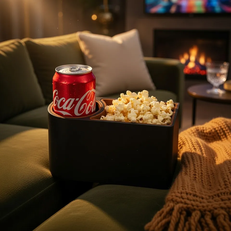 Sofa Armrest Tray with Cup Holder & Snack Bowl – Couch Caddy for Movie Night