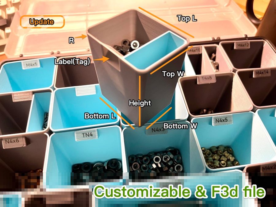 Gridfinity bin with label (Customizable & F3d)