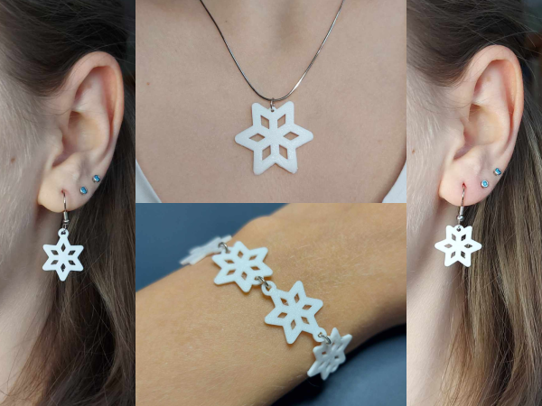 Snowflake jewelry: A set of earrings, bracelet and necklace pendant