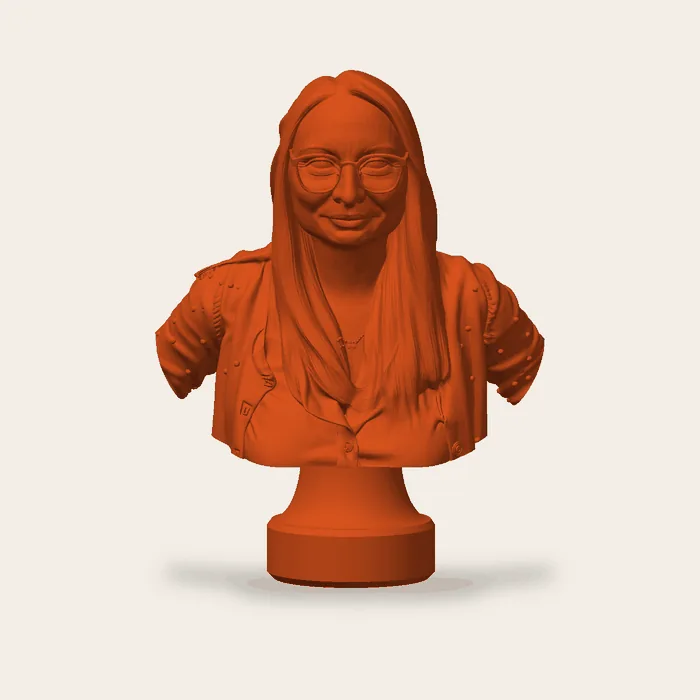 A modern bust: long hair, glasses and a blouse with buttons