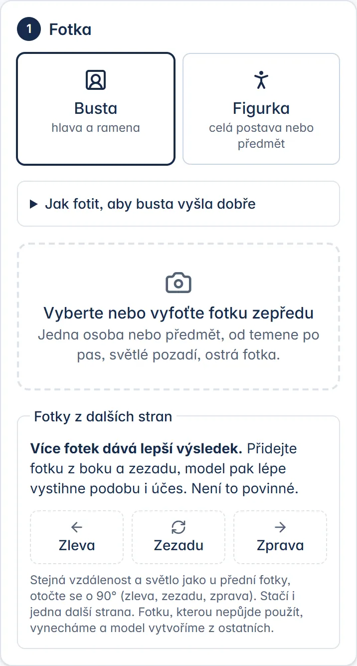 Krok Fotka v nástroji na telefonu: busta nebo figurka, fotka zepředu a nepovinné fotky z dalších stran