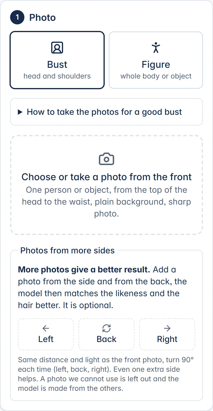 The Photo step on a phone: bust or figure, the front photo and optional photos from other sides
