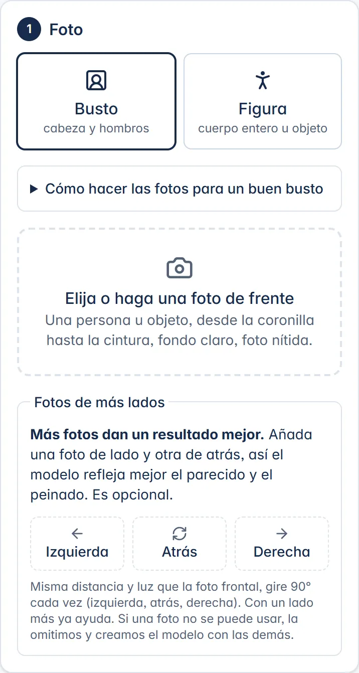 El paso Foto en el teléfono: busto o figura, la foto de frente y fotos opcionales de otros lados