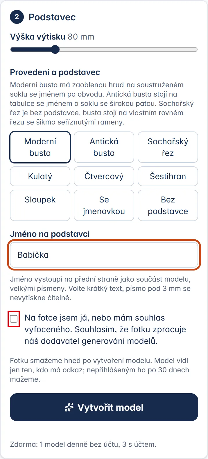 Krok Podstavec na telefonu: výška výtisku, provedení, jméno na podstavci a souhlas