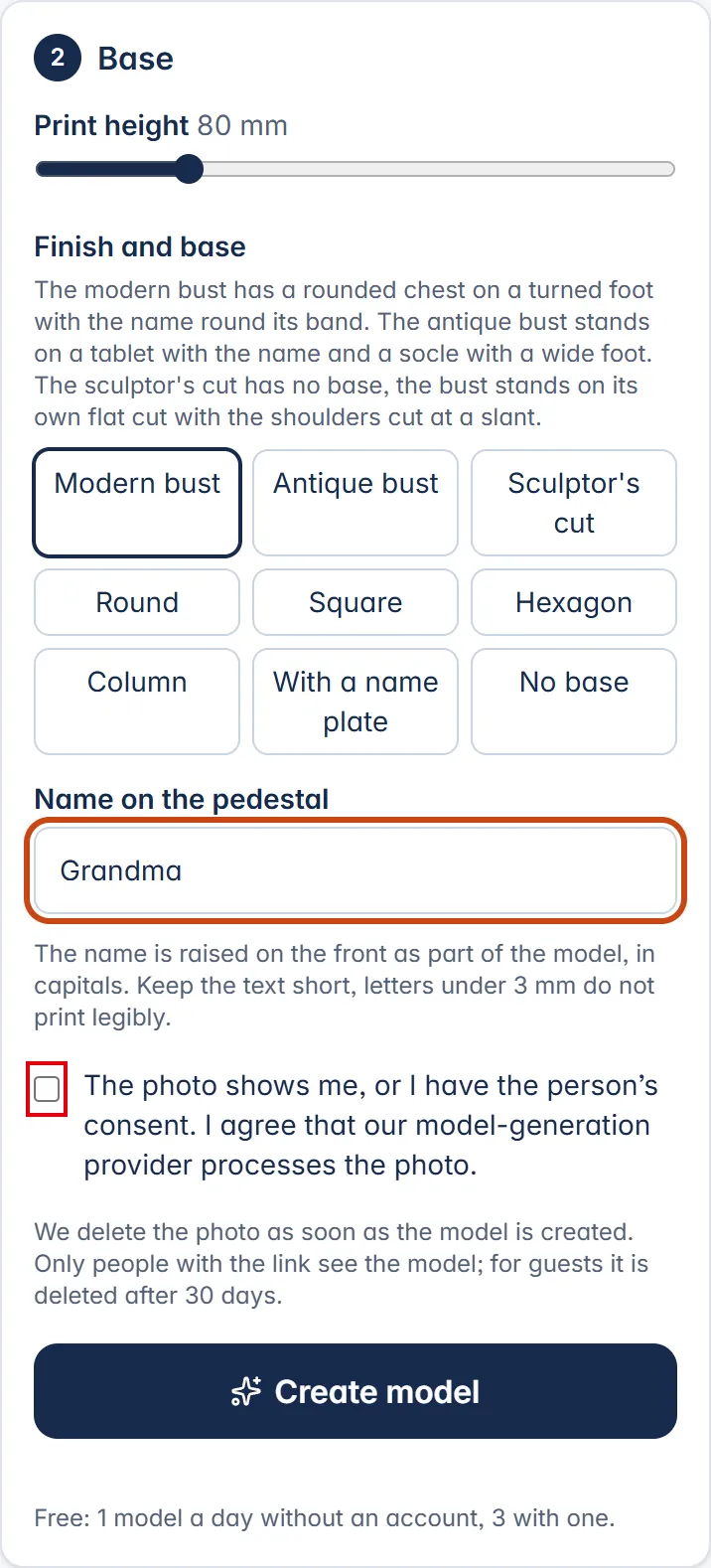 The Base step on a phone: print height, style, name on the base and consent