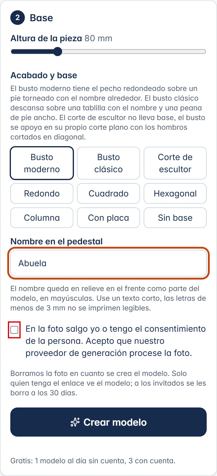 El paso Base en el teléfono: altura, estilo, nombre en la base y consentimiento