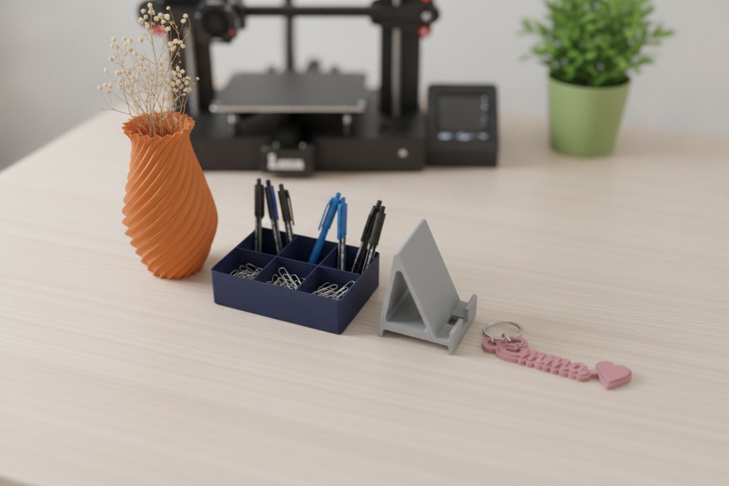 A printed spiral vase, an organizer with pens, a phone stand and a name pendant on a desk in front of a 3D printer