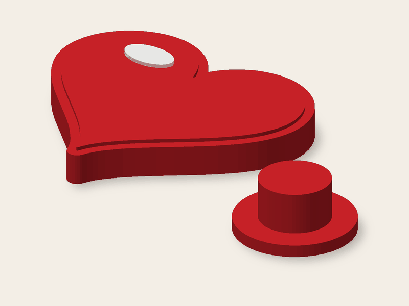 Corazón de 45 mm con perno para un agujero de 12 mm, dos colores sobre la base.