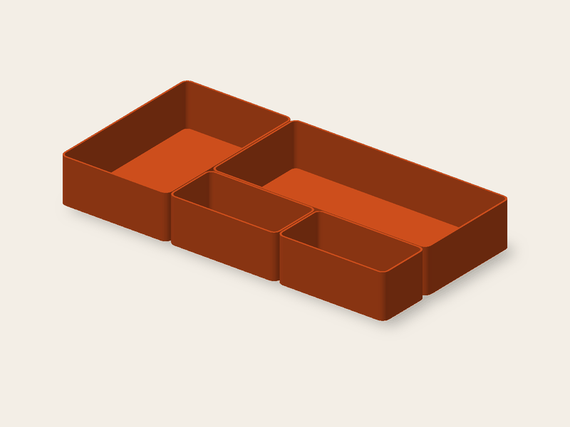 Čtyři misky tří velikostí pro zásuvku 300 × 150 mm, výška 40 mm.