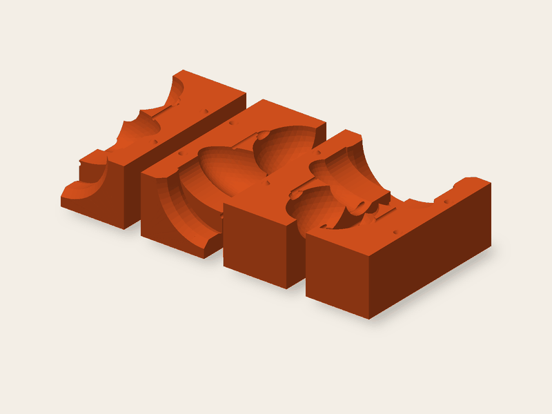 A printed mold of four wedges for a shape with undercuts at the sides