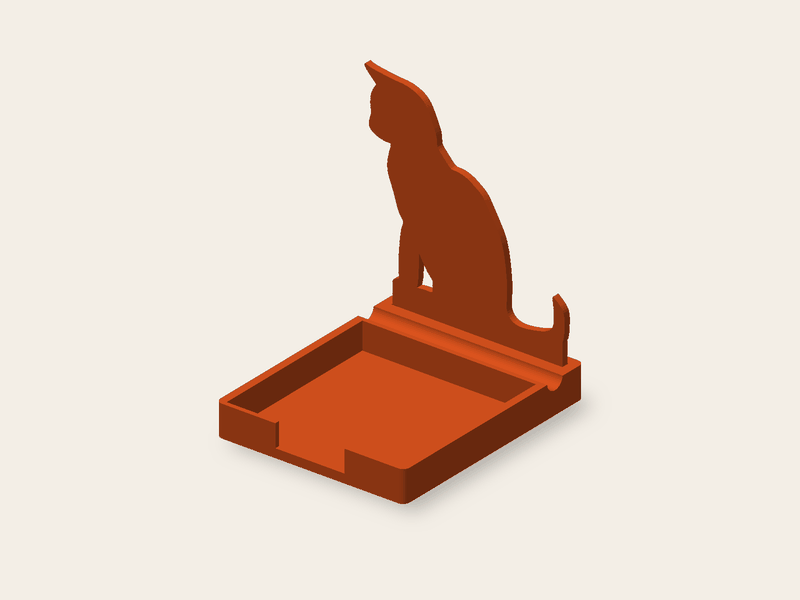 Soporte para un taco de 76 mm con una silueta de gato de 90 mm de ancho y ranura para el bolígrafo.
