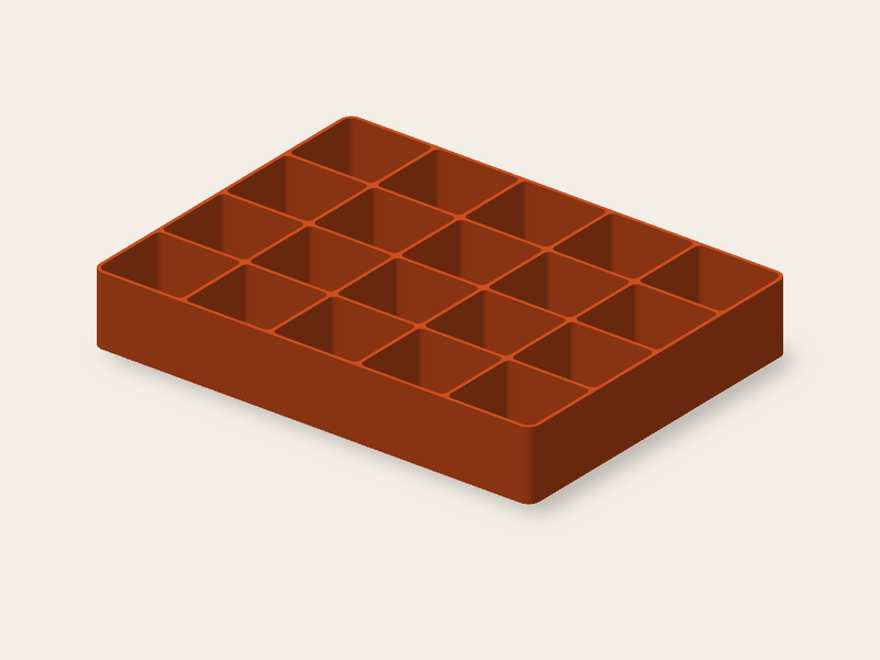 Nízký organizér 160 × 120 × 25 mm s dvaceti přihrádkami na drobné součástky.