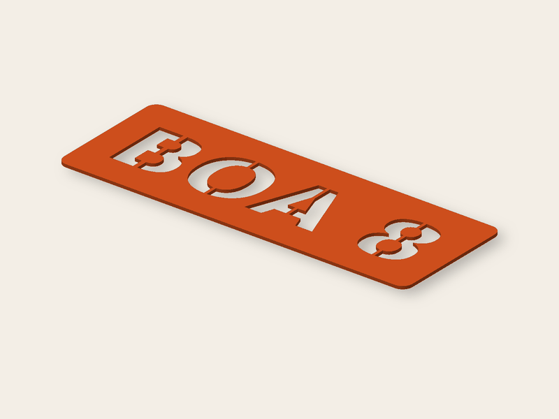 Plantilla BOA 8 para marcar cajas, 144 × 52 mm, con puentes en las letras.