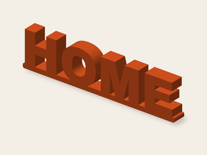 La palabra HOME en Archivo Black, 144 × 34 mm y 12 mm de fondo.