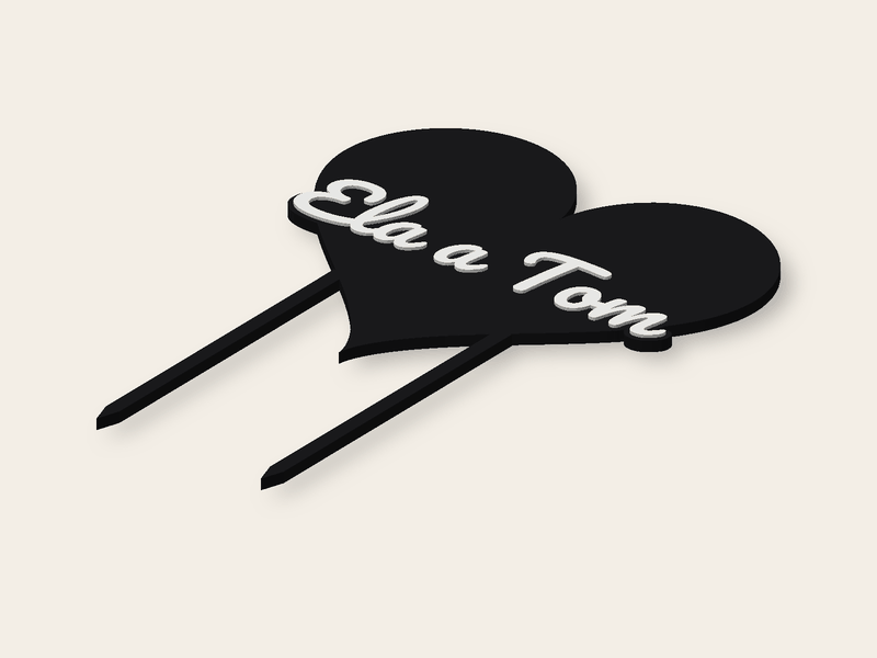 Corazón de 120 mm con el texto Ela a Tom para una tarta de boda.